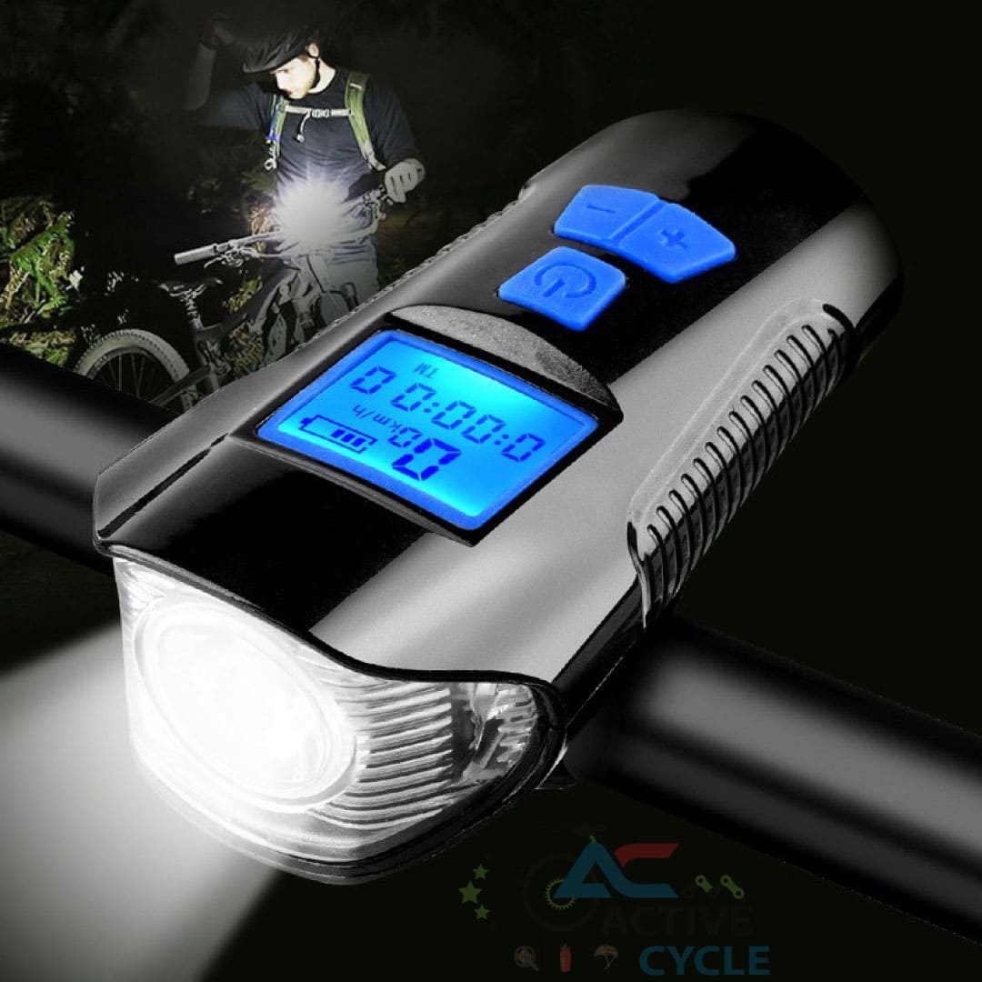 3 in 1 Bicycle Front Light with Horn & Meter – Waterproof USB Rechargeable Bike Light